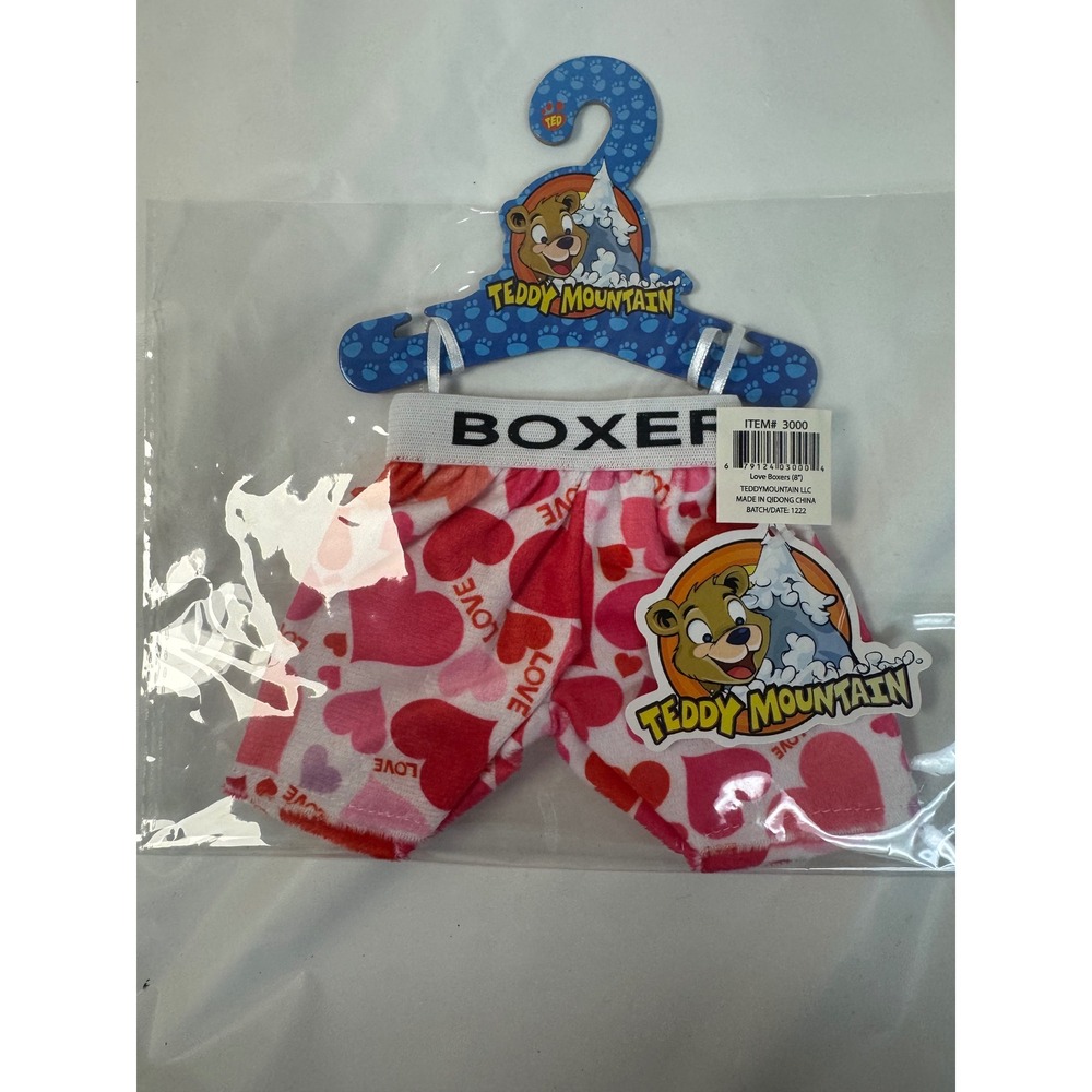 Teddy Mountain Love Boxers 8 IN Plush Toy Clothes Pink Red Heart Print 3000 NIB